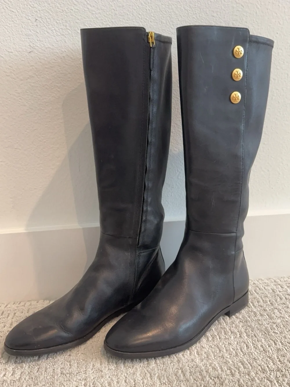 Tory Burch Naomi Black Leather Knee-High Riding Boots with Gold Button Detail